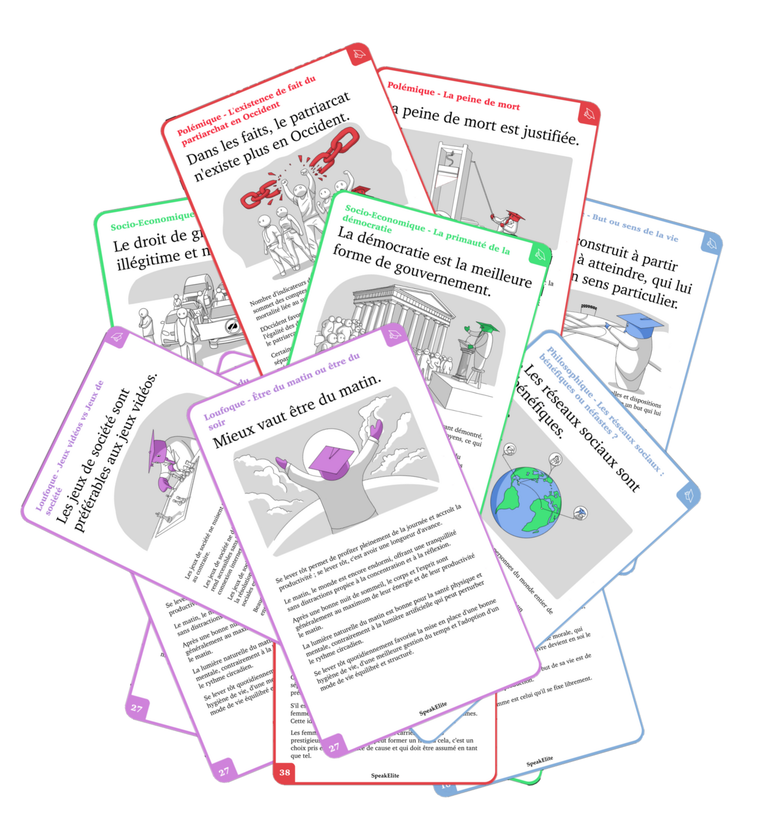 Éventail de cartes RhétoriCartes montrant des affirmations à défendre