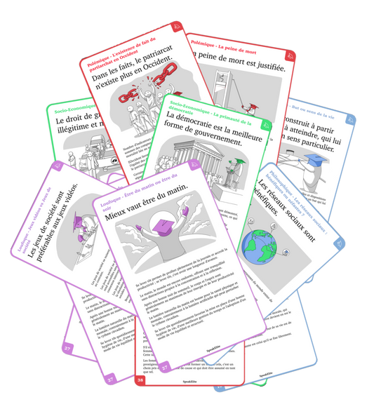 Éventail de cartes RhétoriCartes montrant des affirmations à défendre